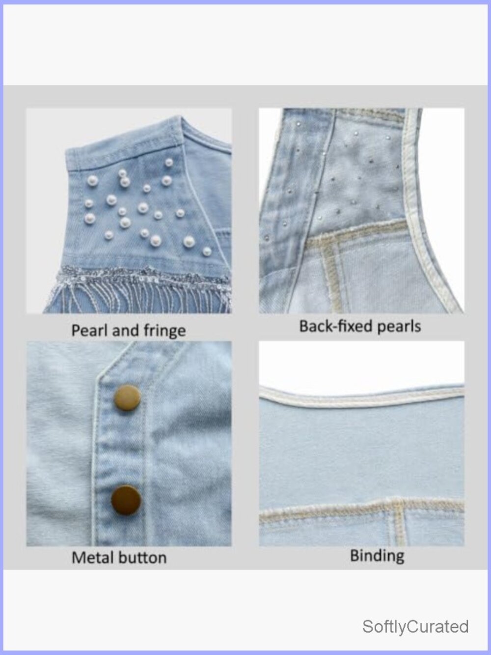 Cropped Fringe Denim Vest Pearl Sequin Y2K Western Cowgirl Vest Top - Picture 5 of 7